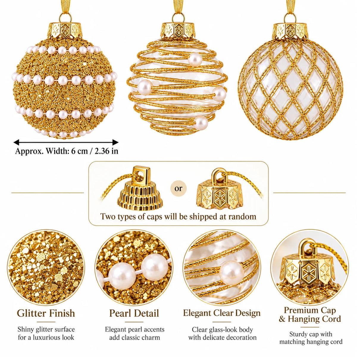 6 Pcs 6cm Gold Clear 3 Designs Glitter Pearl Christmas Balls Shatterproof Xmas Tree Hanging Ornaments for Holiday Party Decor
