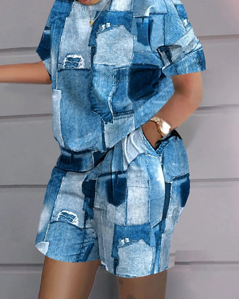 Women's T-shirt+Hot Pants Two Piece Set 2024 Summer Fashion Casual Printing Quick Drying Sports Fitness Top Shorts Female Suit