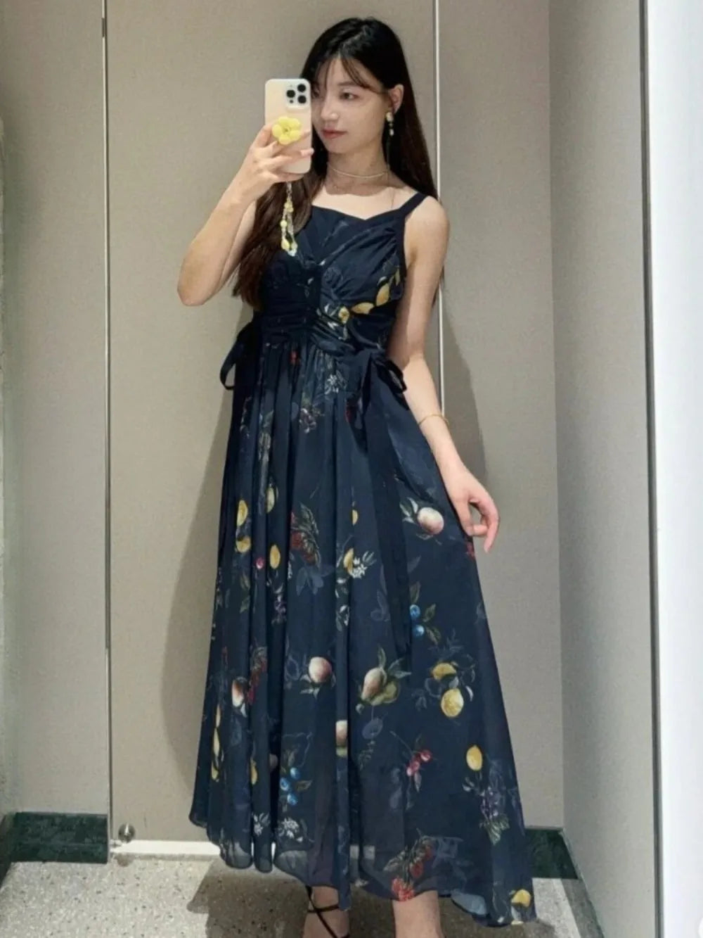 Kuzuwata Luxury Elegant V Neck Sling Dress Print Slim Vest Big Swing Lace Up Ruched Panelled Robe Japan French Exquisite Mujer