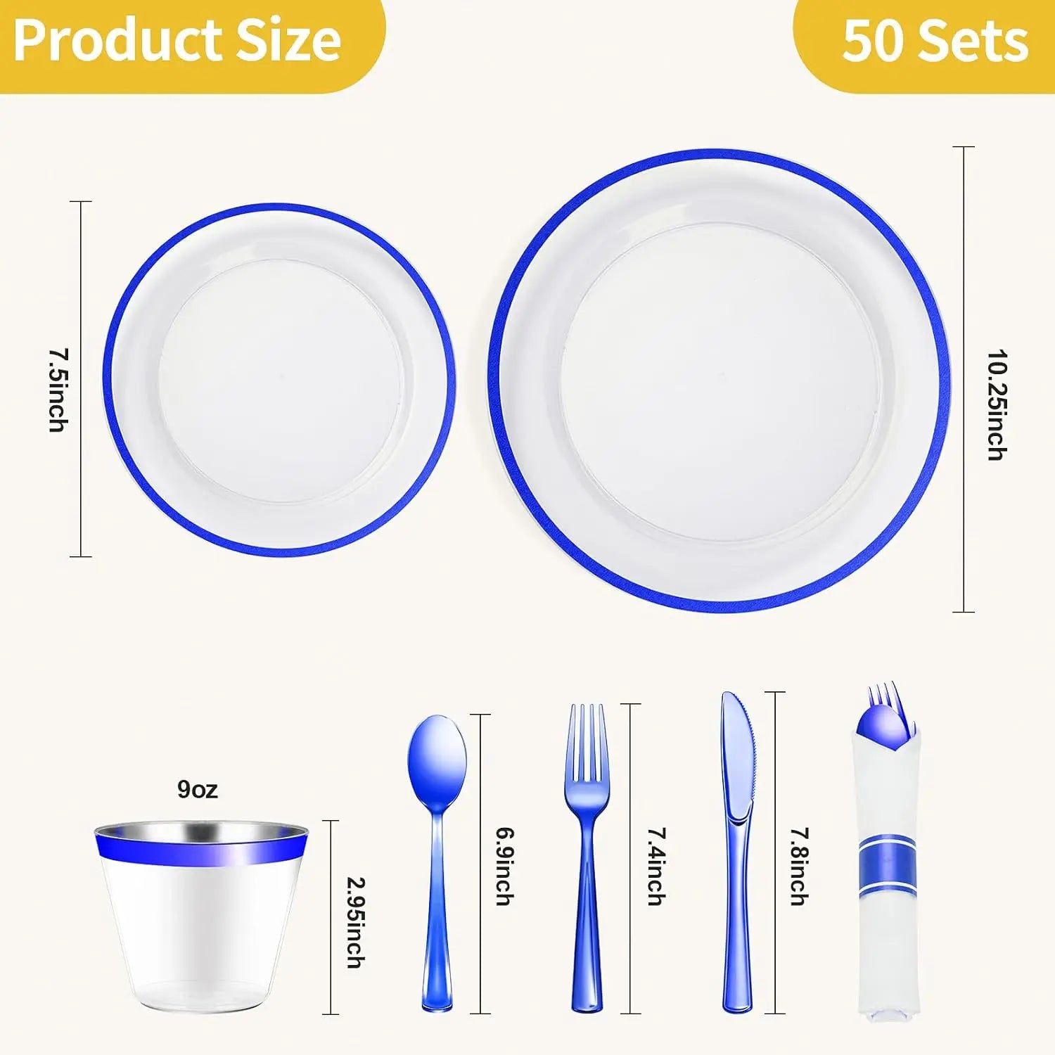 Disposable Party Dinnerware Set – 350 Pieces, Dark Blue Plastic, Includes 100 Clear Plates, 50 Pre-Rolled Napkins with Cutlery Set, 50 Cups, Serves 50 Guests, Ideal for Graduation, Birthday Celebrations