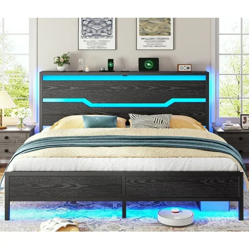 Bed Frame with LED Lights & Charging Station, King Bed Frame and Headboard,13" Under Bed Storage,Metal Slats Support Customized
