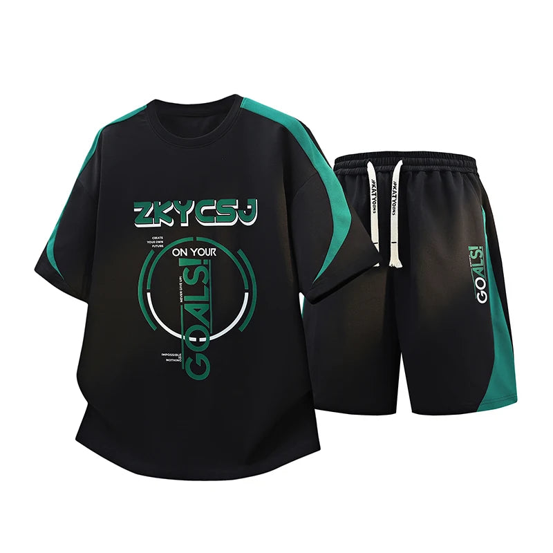 High Streetwear Short Sleeve T-Shirts & Shorts Men's Sets 2026 Summer Youth Casual Tops Tees & Knee-Length Pant 2-Piece Clothing