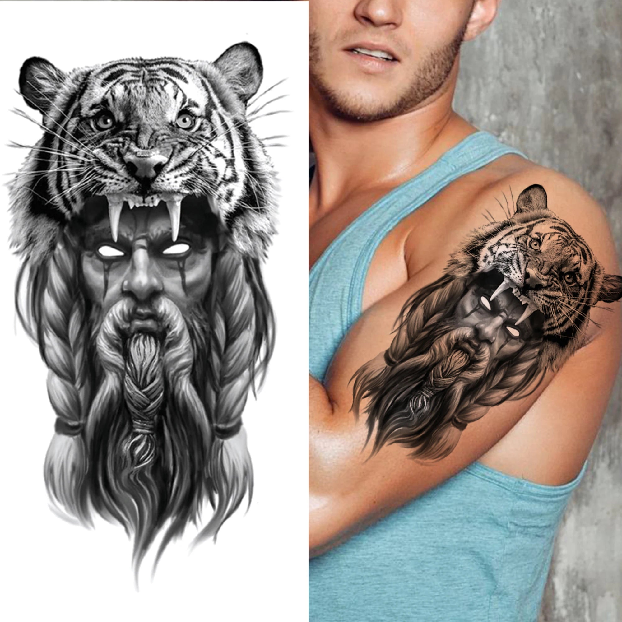1pc Lion Men Waterproof Temporary Tattoos Fake Stickers Arm Hand Cool Art Black Transfer Clock Tattoo Stickers Wolf Tiger Tattoo