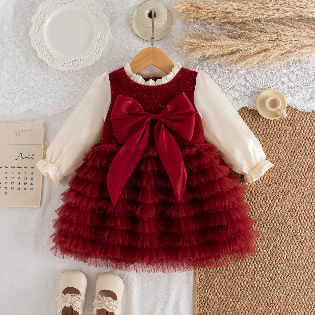 New Autumn And Winter Thick And Warm Baby Girl Dress, Sweet Red Bow Children'S Clothing For Babies Aged 9 Months To 3 Years Old
