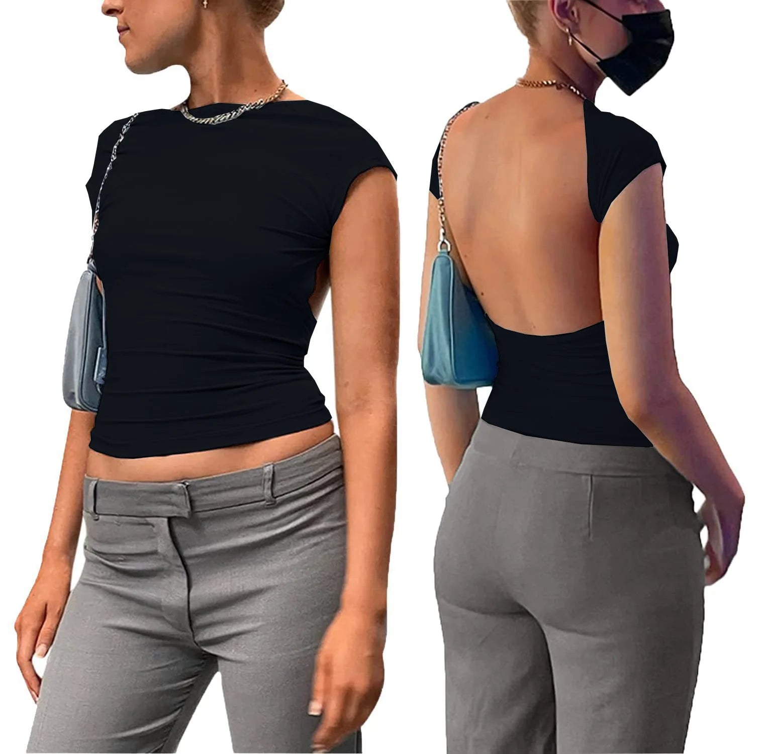 Y2K Womens Sexy O-Neck short Sleeve Bodycon T Shirt Fashion Casual Solid Streetwear T Shirt 2023 Club party Backless T Shirt