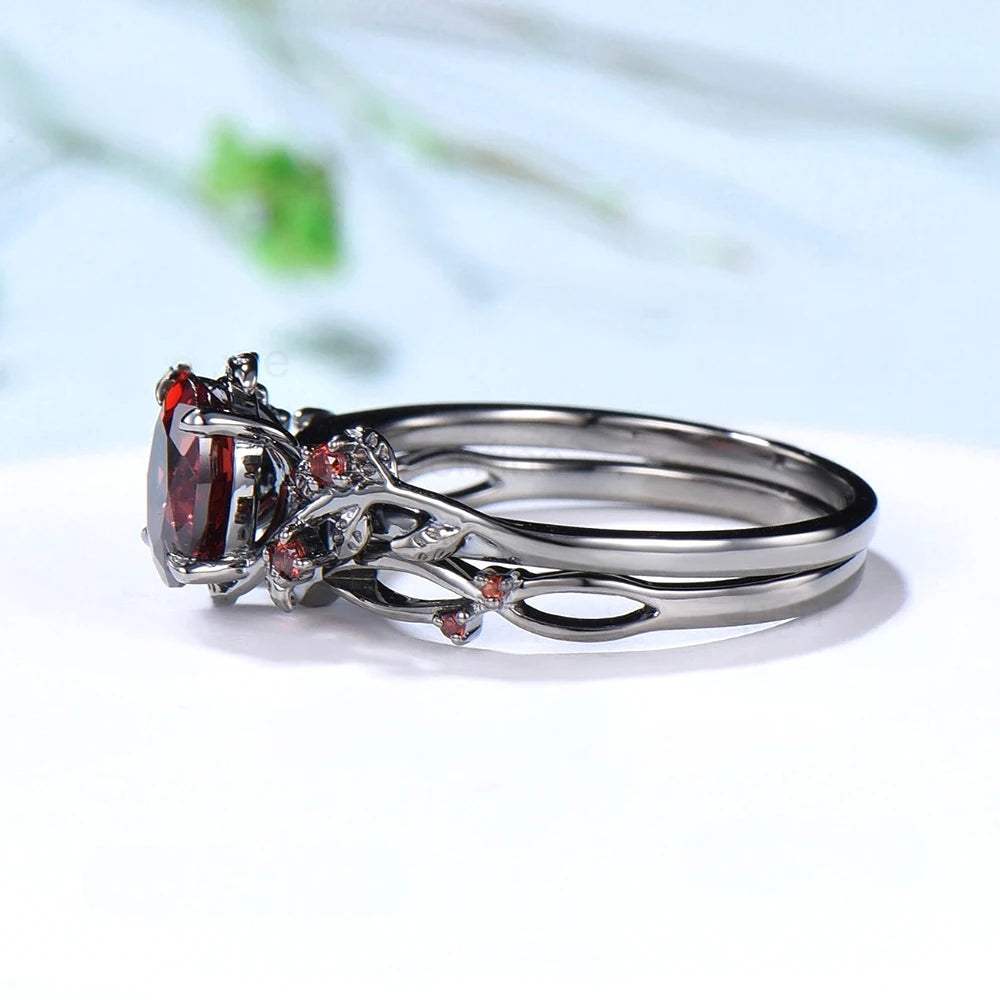 Two-piece Set Classic Gun Black Rose Branches Ring Women's Vintage Inlaid Red Cubic Zircon Finger Rings Fashion wedding Jewelry