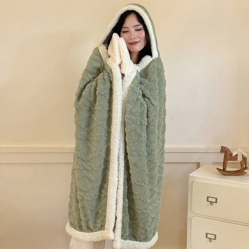 New Taffeta Fleece Hooded Blanket Warm Sherpa Lined Blankets with Giant Pocket Solid Color Skin-Friendly Office Nap Plush Cloak