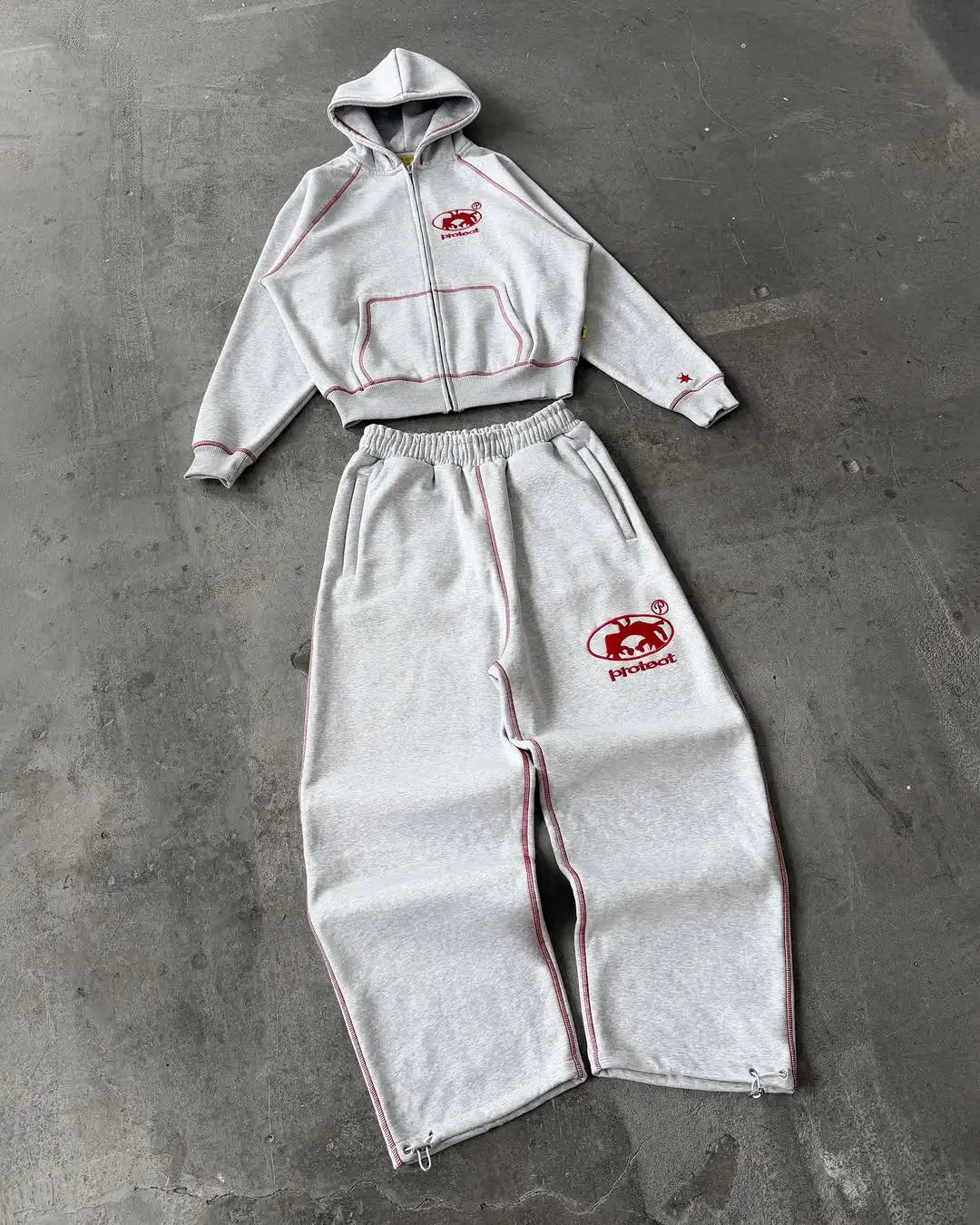 Men Tracksuit Gray Casual Loose Fit Korean Streetwear American Style Y2K Retro Two Piece Outfit Hoodie Jogger Pants Sweatshirt