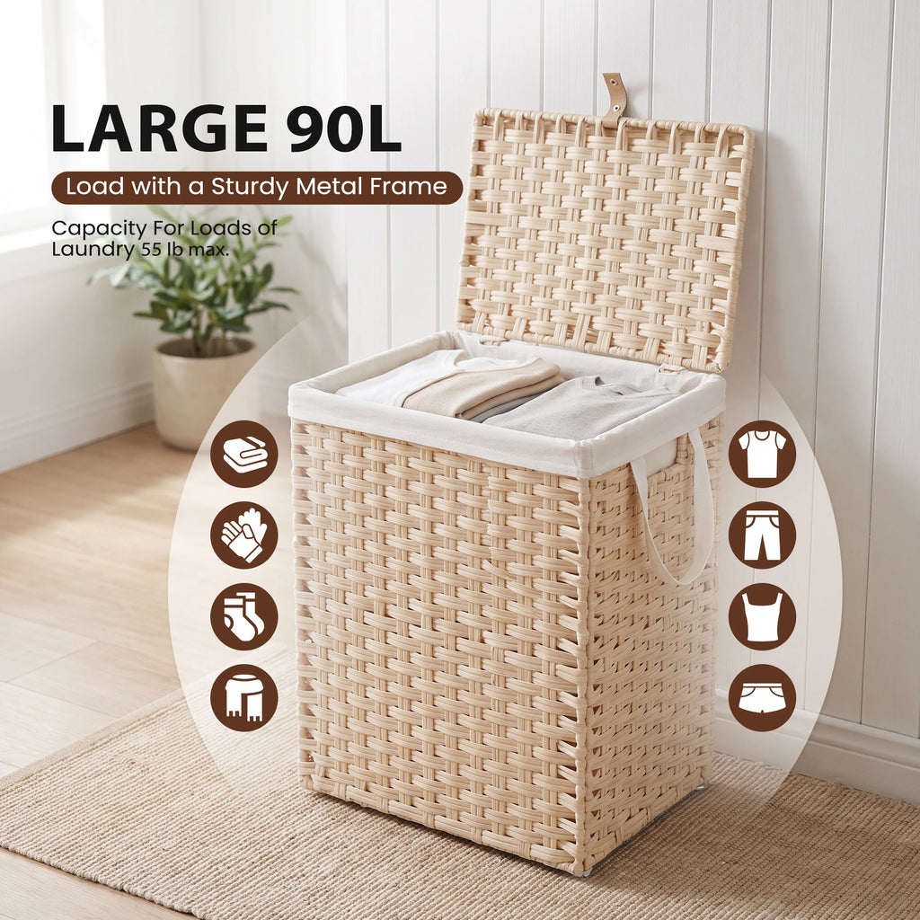 JHK 90L Wicker Laundry Hampers with Lid Woven Clothes Hamper with Side Handles Sturdy Steel Frame Removable Liner Foldable Rattan Laundry Basket For Home