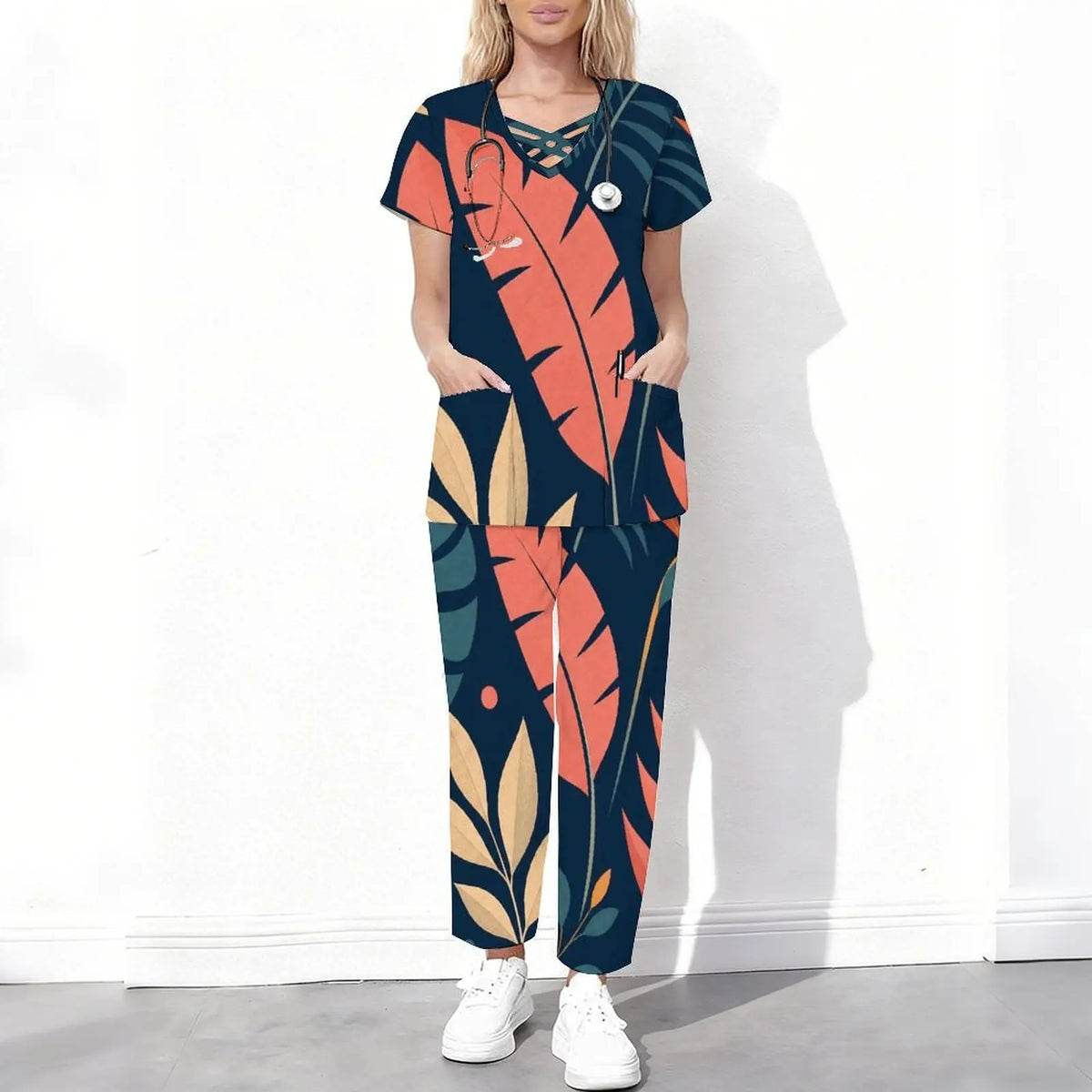 Women Abstract Fruit Leaf Print Short Sleeve Cutout Neck Scrub Set Pockets Top Long Pants Two Piece