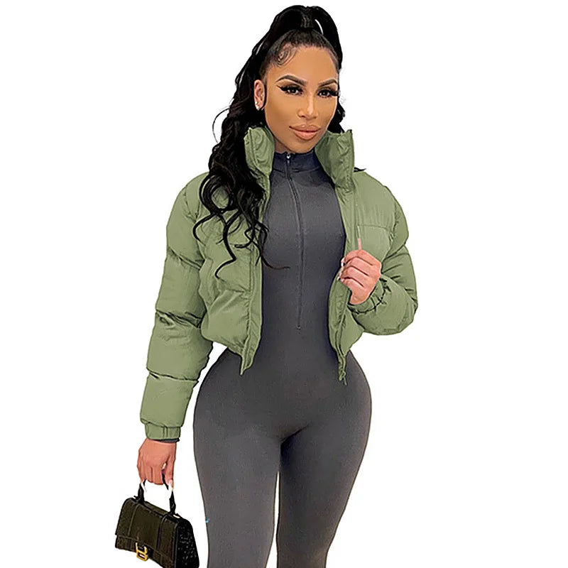 Cotton Padded Coat Women Patchwork Puffer Parka Outwear Solid Color Winter Warm Zipper Crop Top Jacket Chaqueta Mujer