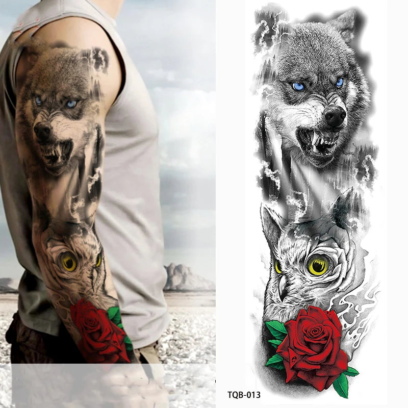 Large Arm Tattoo Sticker Full Sleeve Temporary Tattoos for Men Fish Wolf Tiger Tattoo Fake Tatoo for Women Waterproof Body Art