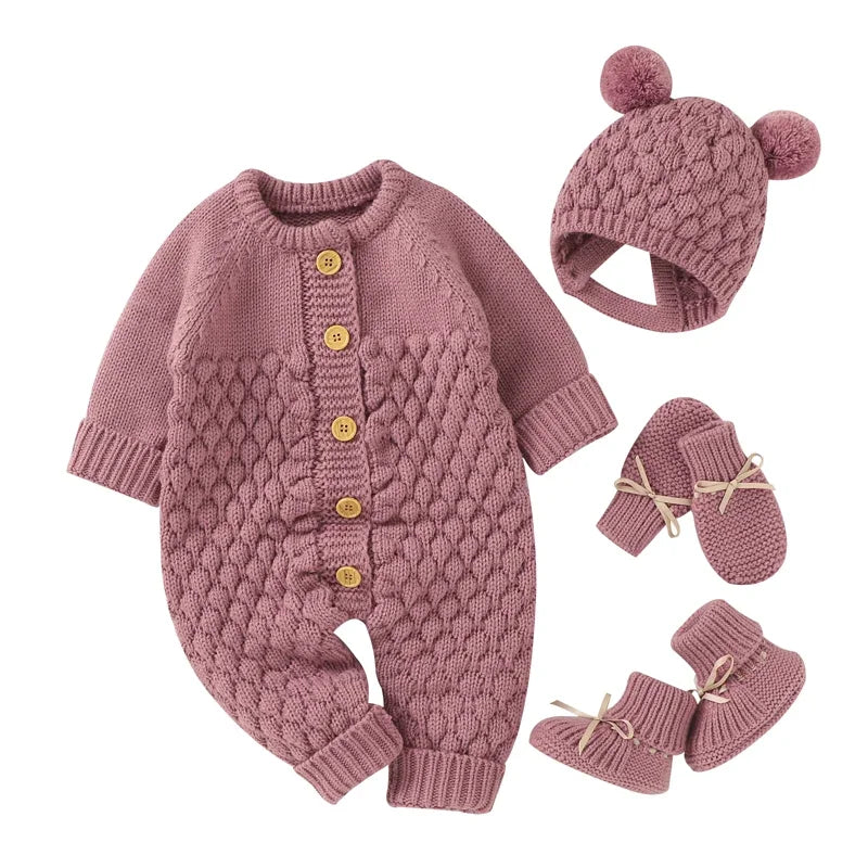 Newborn Baby Clothes Set Knitted Infant Girl Boy Romper +Hat +Gloves +Shoes Fall 4PC Long Sleeve Jumpsuit Outfits +Mitten +Boots