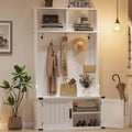 76" Hall Tree with Bench and Shoe Storage, Farmhouse 4-in-1 Entryway with Coat Rack & 5 Tri-Hooks, Adjustable Shelf, White Mudro