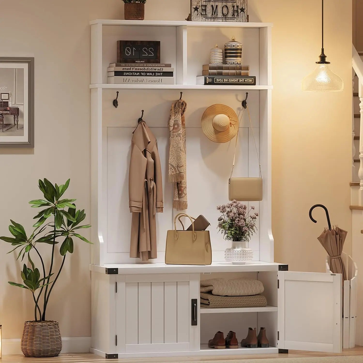 76" Hall Tree with Bench and Shoe Storage, Farmhouse 4-in-1 Entryway with Coat Rack & 5 Tri-Hooks, Adjustable Shelf, White Mudro