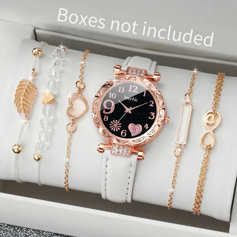 6PCS/Set Fashion Heart Dial Women's Watch Casual Leather Band Analog Quartz Watch Leaf Bracelets Set（Without Box）