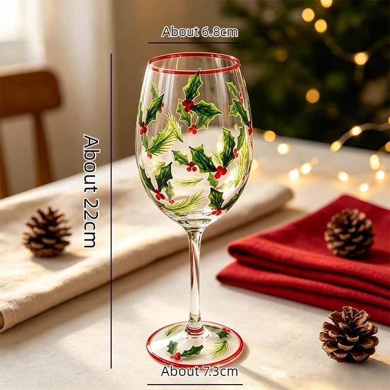 1PC Christmas Hand Painted Wine Glass Creative Snowman Poinsettia Goblet Household Glass Red Wine Cup Festive Decorations