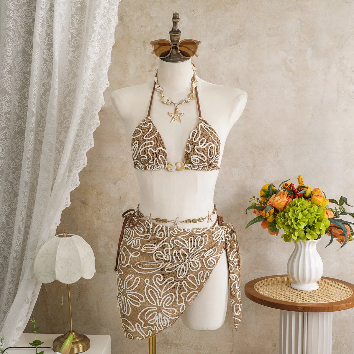 Women 3 Piece Floral Embroidered Bikini Set Halter Triangle Top with Shell Decor and Mesh Sarong Cover Up, 4 Colors Available