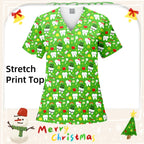 Christmas Print Surgery Top Women with Pocket V-Neck Scrub Uniform Spa Caring T-Shirt Pet Grooming Surgical Nurse Scrubs Uniform