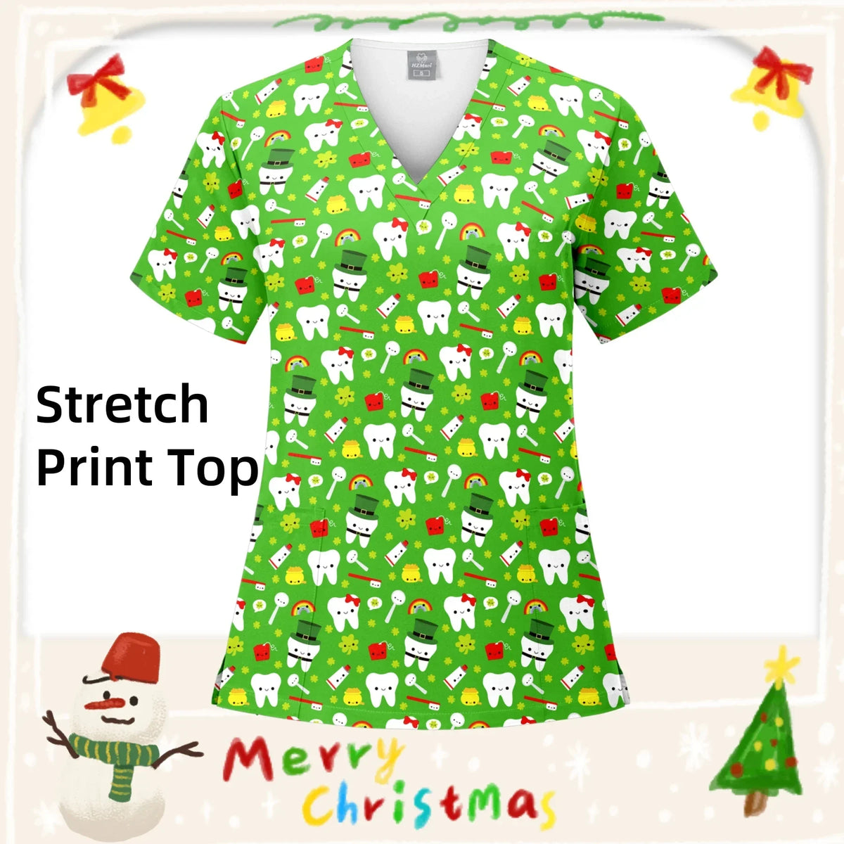 Christmas Print Surgery Top Women with Pocket V-Neck Scrub Uniform Spa Caring T-Shirt Pet Grooming Surgical Nurse Scrubs Uniform