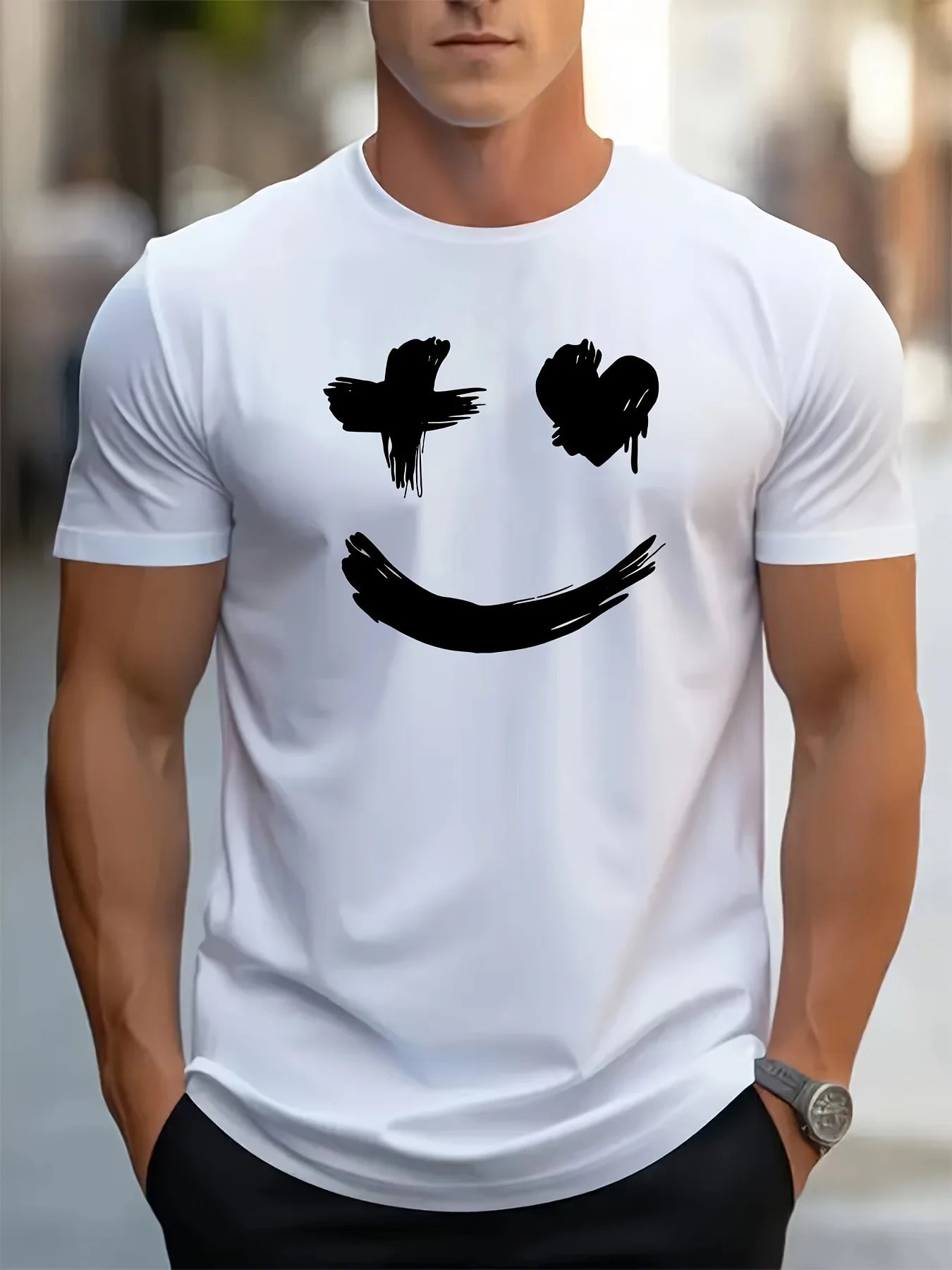 Men's summer 100% pure cotton fashionable casual sports loose trend smile graphic print round neck short sleeved T-shirt top