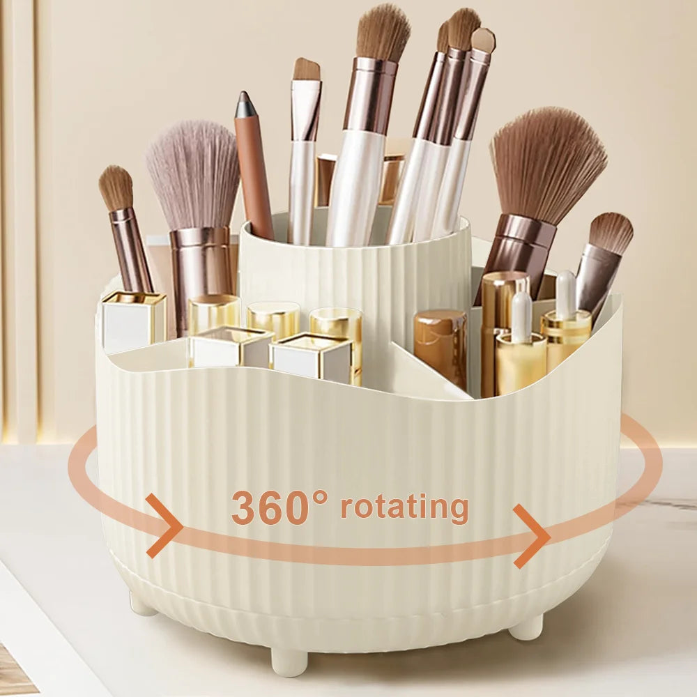 Rotating Makeup Organizer, Cosmetic Display Case with Brush Holder Perfume Tray, Storage Carousel for Vanity Bathroom Countertop