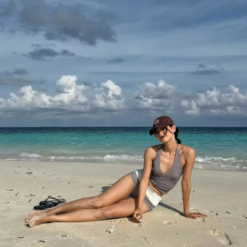 Sexy Deep V Push-Up Bikini Set High-Waisted Checkered Brief Tummy Control Backless Two-Piece Swimsuit for Beach Vacation