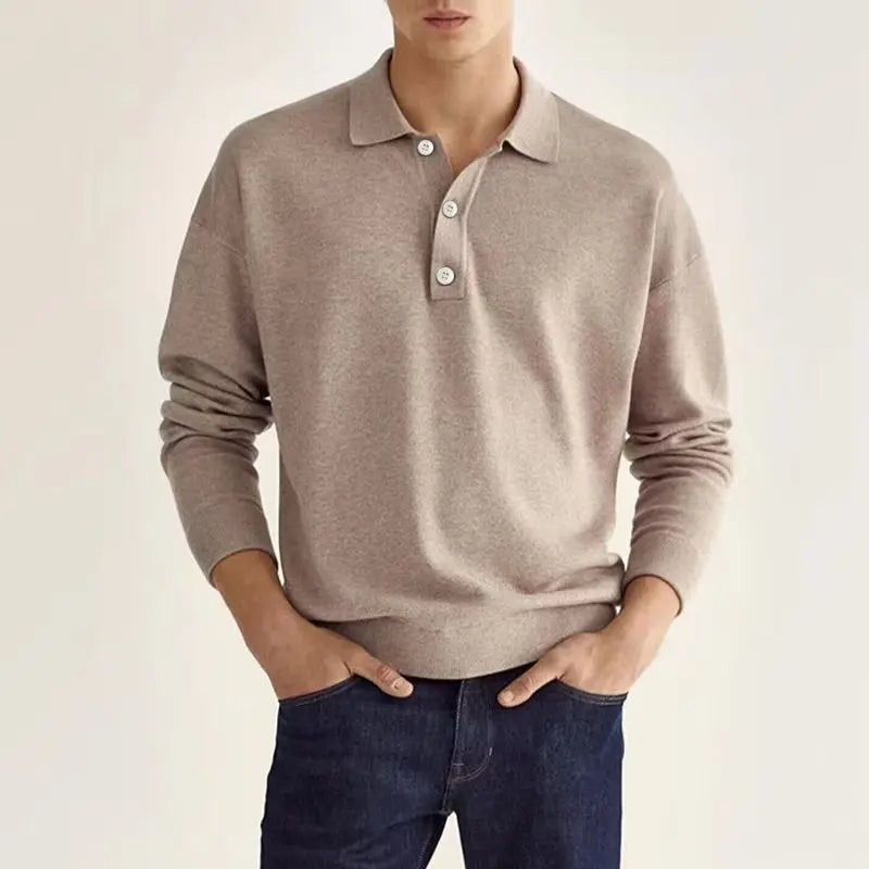 Men Long Sleeve Polo Shirt V Neck Button Up Casual Autumn Basic Solid Color Knitwear Tops For Men