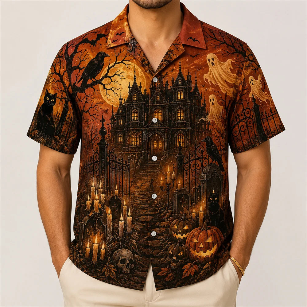 Halloween Pumpkin Reaper Shirt For Men 3D Print Jack O Lantern Short Sleeve Shirt Scary Graveyard Horror Party Costume 2026 New