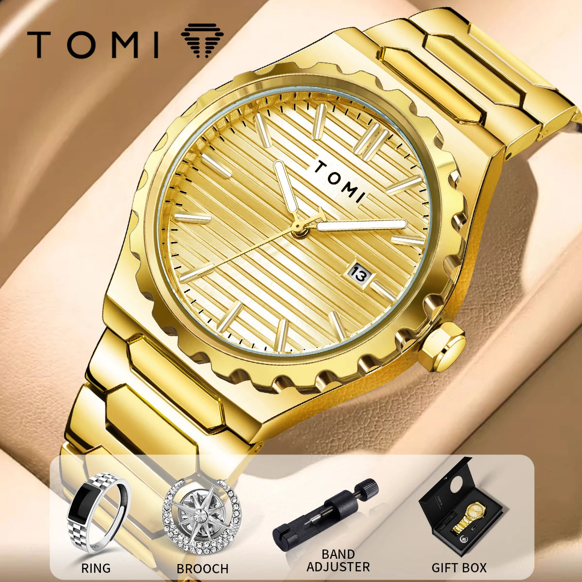 TOMI New 4PCS Luxury Men Watch Gift Set High Quality Steel Strip Striped Dial Calendar Men Quartz Watch Clock Gifts Reloj