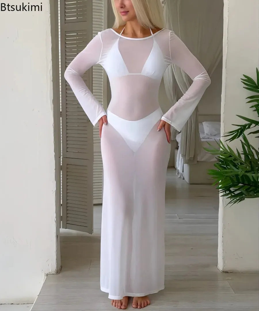 New Women's Mesh See-Through Dress Sexy Slim Backless Long Sleeve Floor-Length Dresses Beach Swimsuit Cover Ups Bikini 3pcs Sets
