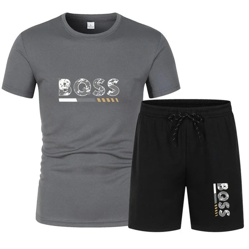 Men's summer sports short sleeve set, two-piece set, men's summer quick-dry sports set, breathable mesh short sleeve T-shirt and