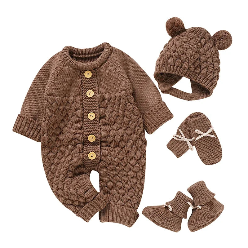 Newborn Baby Clothes Set Knitted Infant Girl Boy Romper +Hat +Gloves +Shoes Fall 4PC Long Sleeve Jumpsuit Outfits +Mitten +Boots