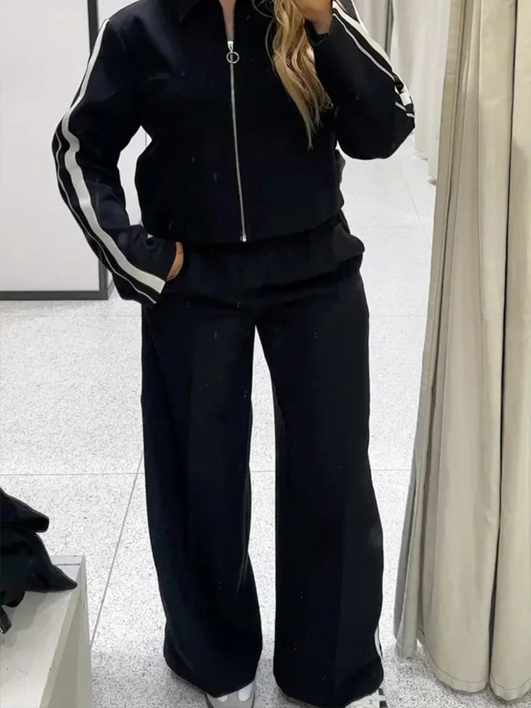 HH 2024 Women Stripe Top Trousers Sports Suits Female Long Sleeves Zip Lapel Coat+High Waist Wide Leg Pants Two-piece Set