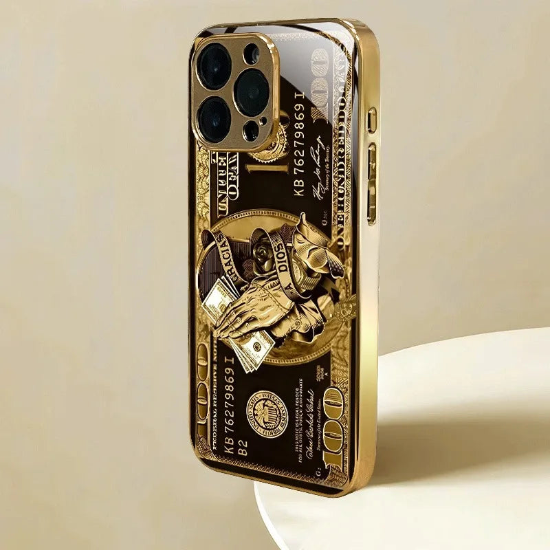 Creative Wealth Pattern Gold Metallic Paint Glass Phone Case For iPhone 17 16 15 14 13 12 11 Pro Max 15 14 Plus 17 Air 16E Cover