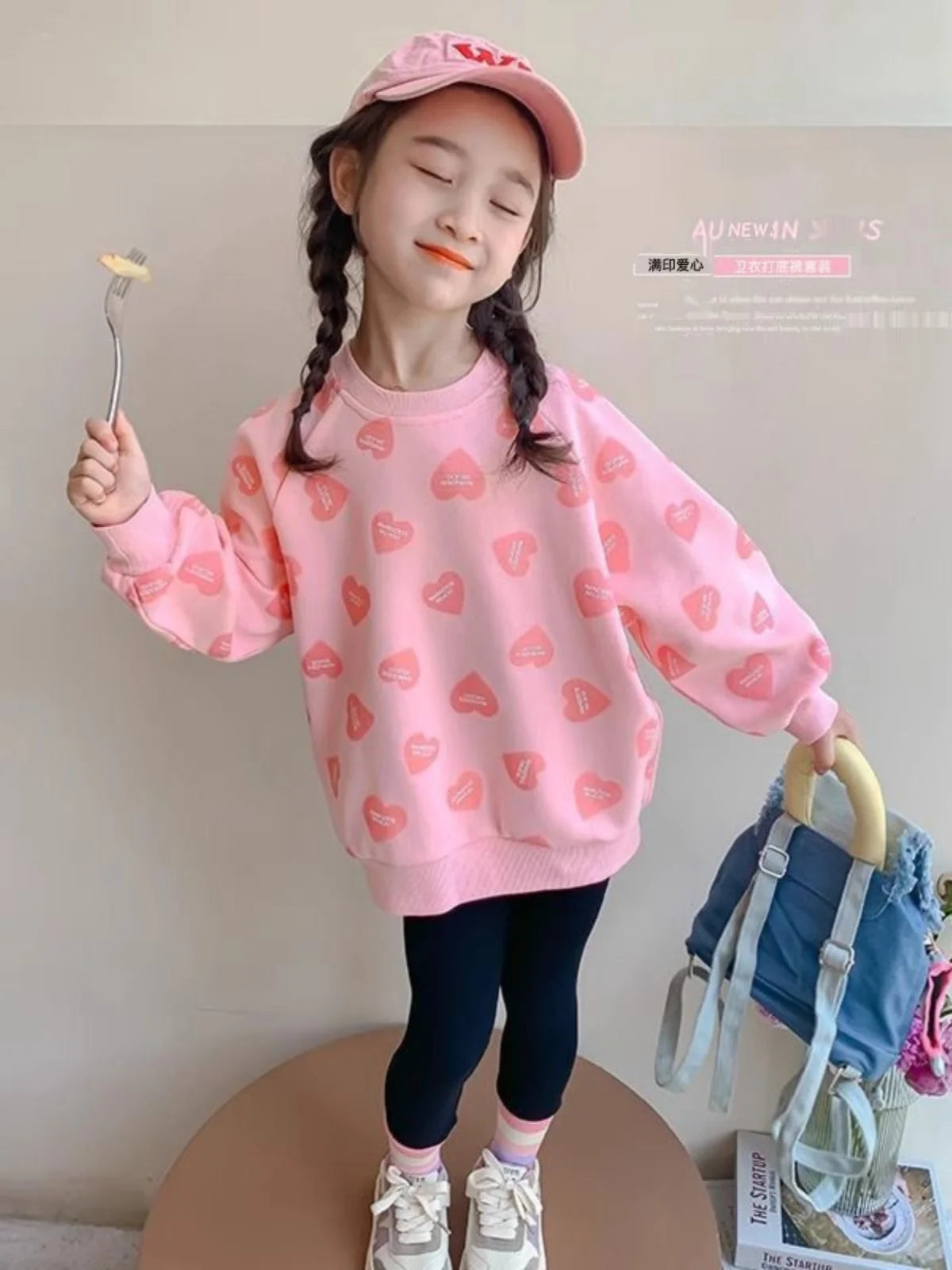 Girls' Sweet Heart-Print Sweatshirt Autumn Outfit, Cute Korean-Style New Autumn Long-Sleeve Top for Toddlers and Kids