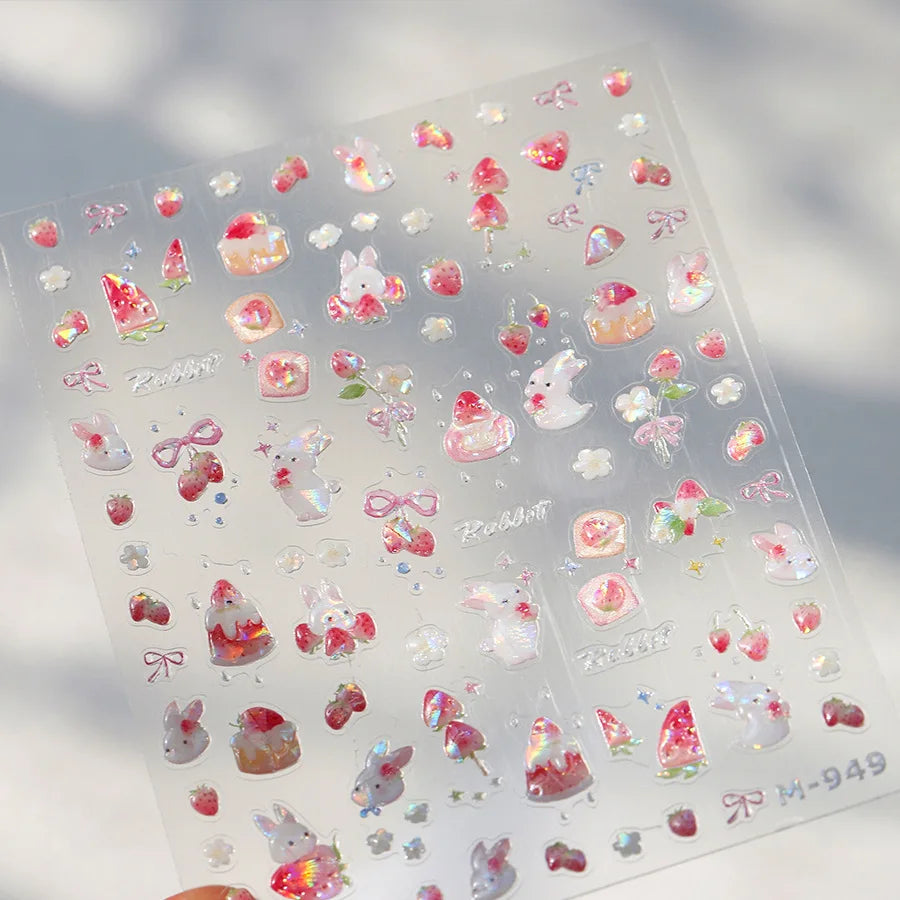 Sweet Strawberry Bow Nail Art Stickers 5D Gold Silver Strawberry Cherry Metal Nail Stickers DIY Japanese Nails Decoration Decals