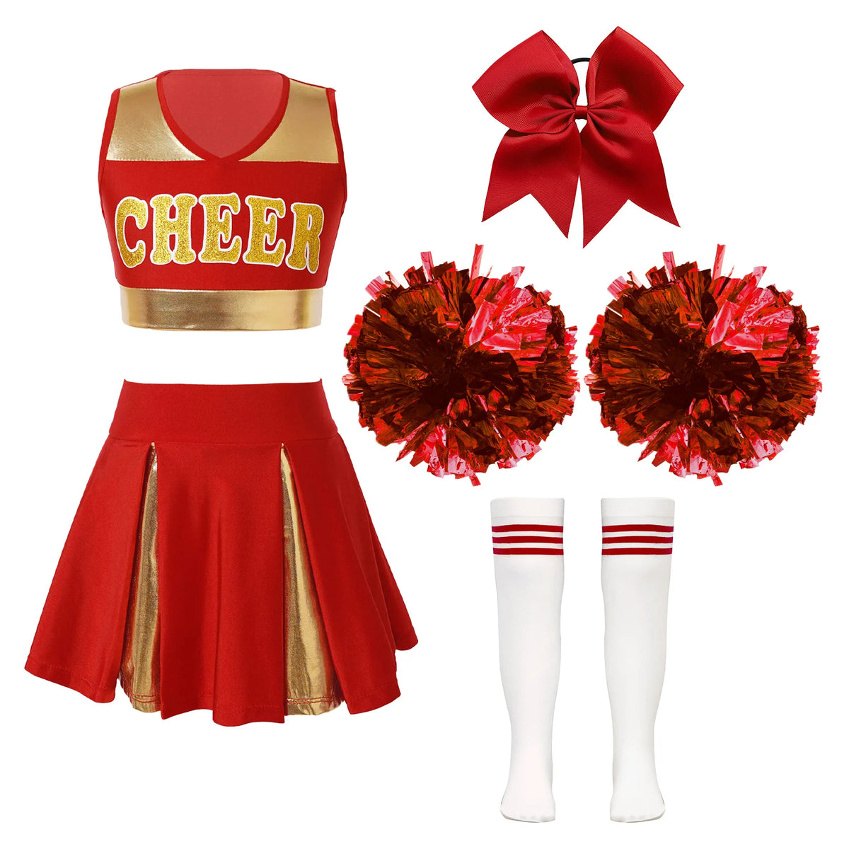 5Pcs Kids Girls Halloween Cheerleader Costume Outfit Uniform Set Cheerleading Dance Dress with Socks Pompom for Role Play Party