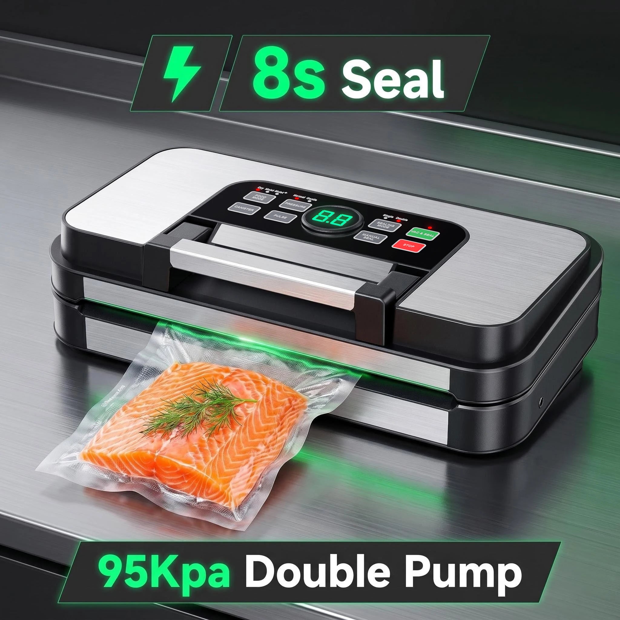 95KPA Dual Pump Vacuum Sealer Machine 10 Modes Double Seal Dry/Moist Food Vacuum Packing with Hose & Roll Bags Upgraded Design