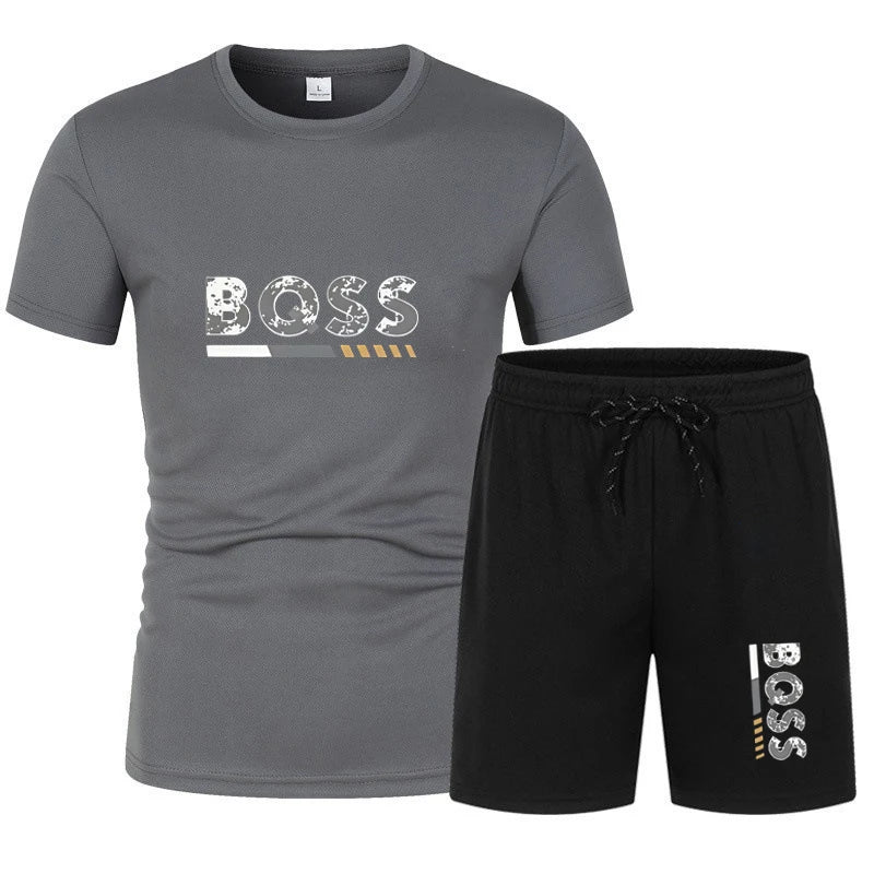 Men's summer sports short sleeve set, two-piece set, men's summer quick-dry sports set, breathable mesh short sleeve T-shirt and