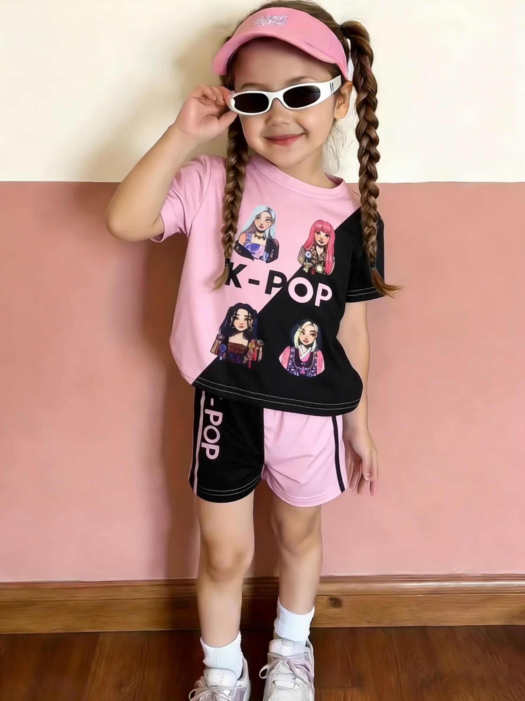 Pink-Black K-POP Set: Girl’s Idol-Style Trendy Outfit