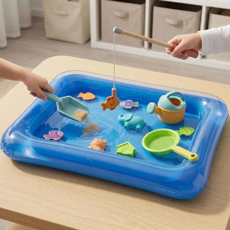 Blue Inflatable PVC Tray Reusable Cleaning Basin Kids Sensory Learning Activity Tray Sandbox for Play Sand,Water Fishing Games