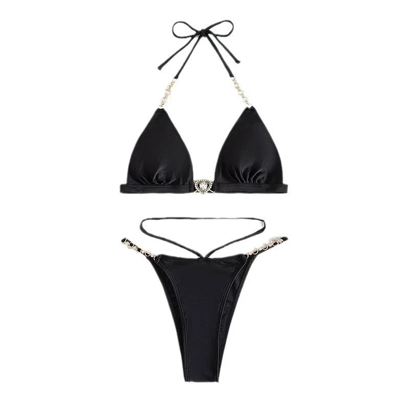New Women's Deep V Neck Bikini Set Elegant Push Up Backless Swimsuit with Chain Straps Sexy Cute Style Summer Beachwear