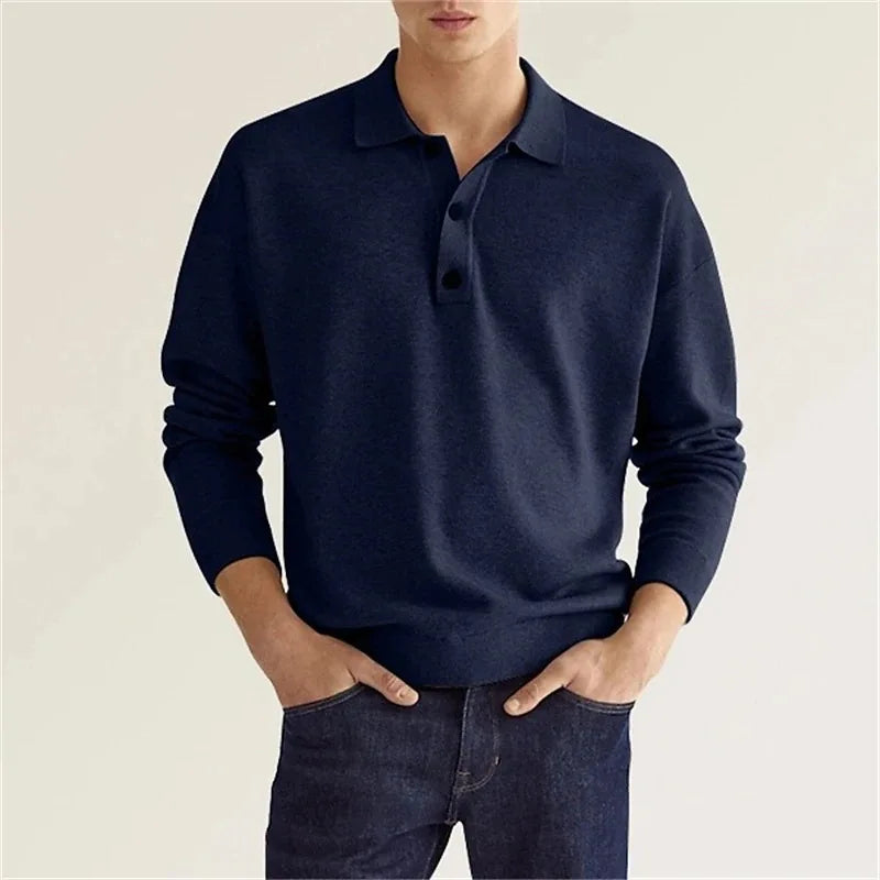 Men Long Sleeve Polo Shirt V Neck Button Up Casual Autumn Basic Solid Color Knitwear Tops For Men