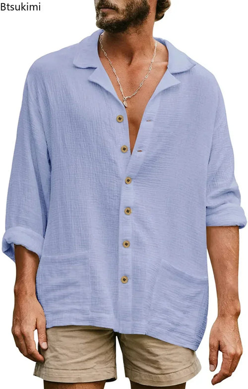 2025 Men's Casual Lapel Long Sleeve Shirts Tops Solid Loose Oversized T Shirt Men Cotton Linen Shirt Fashion Hawaiian Shirt Male