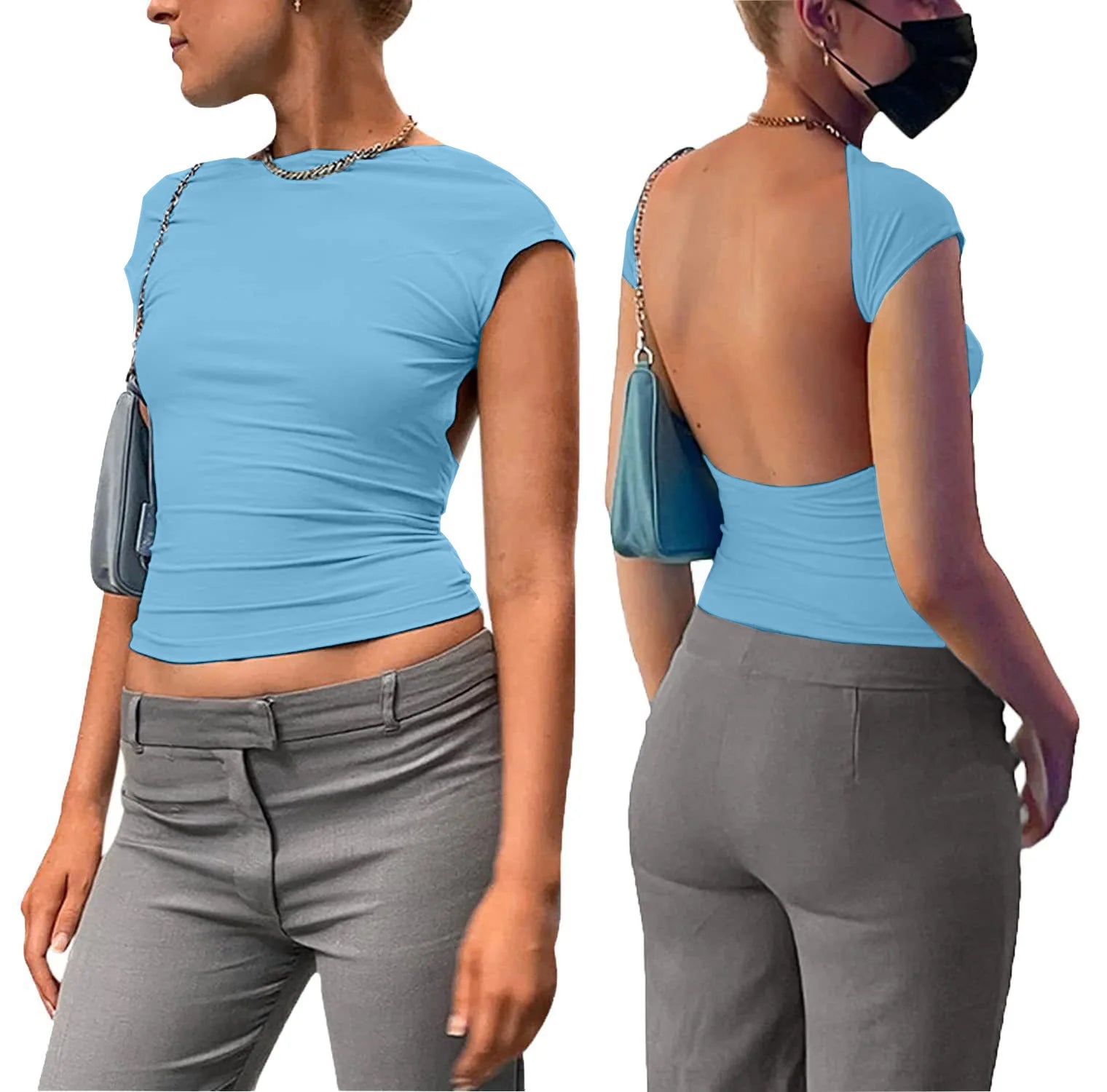 Y2K Womens Sexy O-Neck short Sleeve Bodycon T Shirt Fashion Casual Solid Streetwear T Shirt 2023 Club party Backless T Shirt
