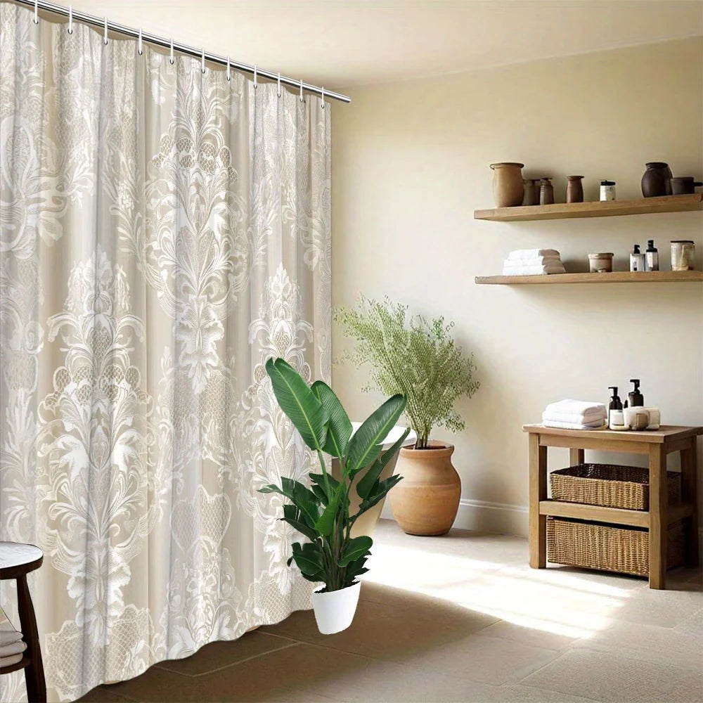 Elegant Luxury Damask Print Shower Curtain Waterproof Beige Gold Bathroom Shower Curtain Liner for Home Decor