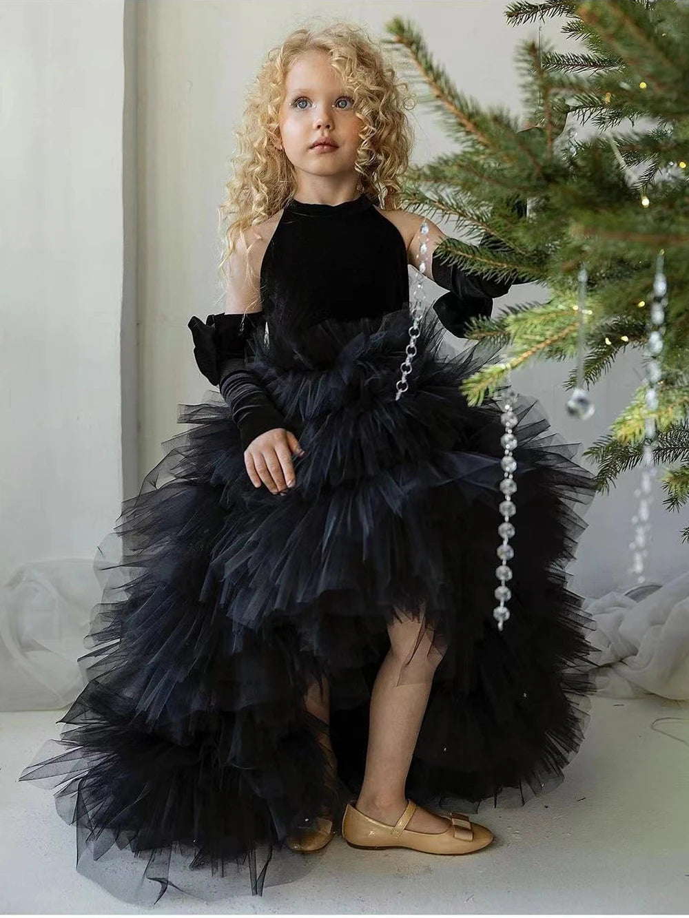 Black Tulle Puffy Flower Girl Dresses For Wedding With Bow Birthday Party Ball Pageant First Communion Dresses for Girls