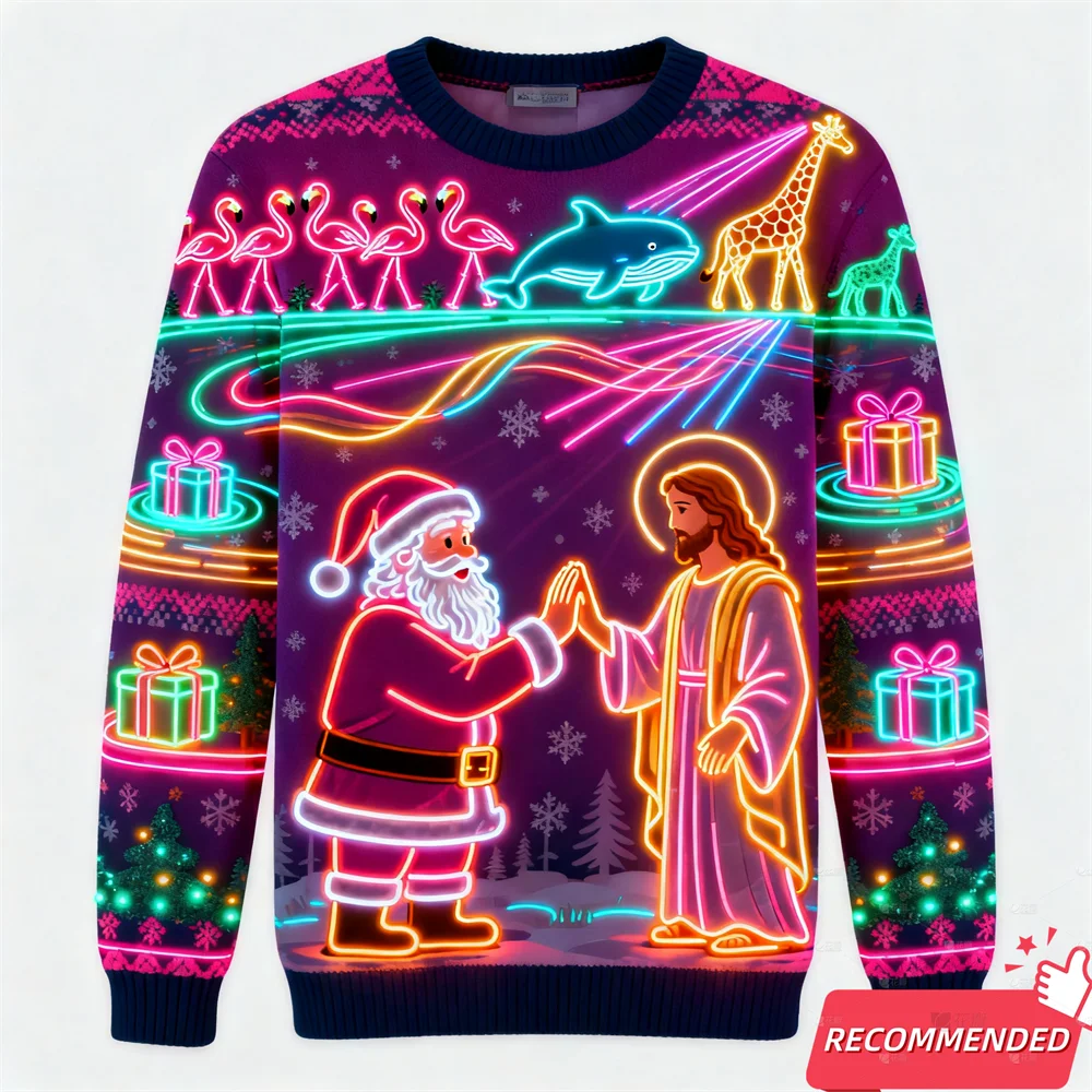 Fake Neon Light 3D Printed Ugly Xmas Sweater For Women Men Clothes Merry Christmas Snowman Funny Santa Jesus Pullovers Tracksuit