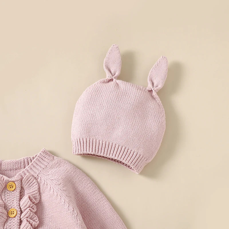 Infant Baby Rompers Knit Newborn Girl Boy Jumpsuit Long Sleeve Autumn Toddler Child Clothes Hat 0-18M Fashion Solid 2PC Overalls